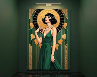 Decoración de pared estilo flapper Art Déco, interiores de los locos años veinte, estampado geométrico verde.