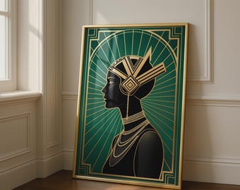 Art Deco Flapper Portrait, Emerald Green Gold Geometric Headdress, 1920s Glamour Print