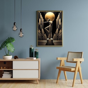 a modern living room with a minimalist design. The focal point is a framed artwork depicting a woman in an Art Deco style, with a large moon in the background. The room is decorated with a wooden chair, a white dresser, and a potted plant. The overall color scheme is a combination of blue and gold, creating a sophisticated and elegant atmosphere.