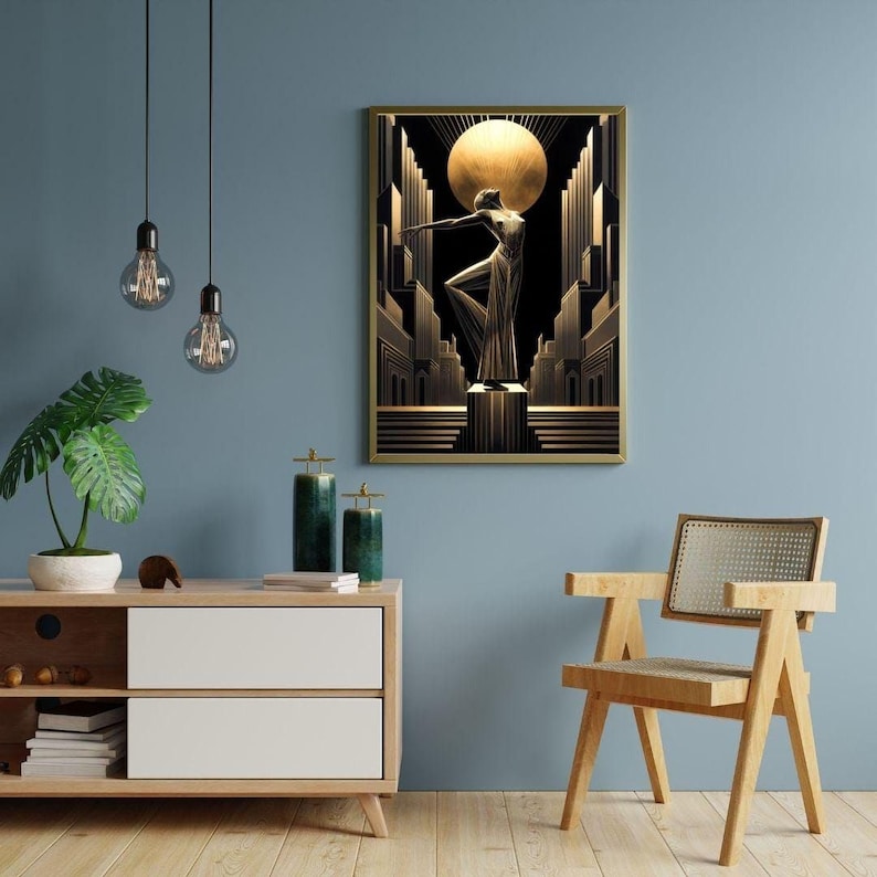 a modern living room with a minimalist design. The focal point is a framed artwork depicting a woman in an Art Deco style, with a large moon in the background. The room is decorated with a wooden chair, a white dresser, and a potted plant. The overall color scheme is a combination of blue and gold, creating a sophisticated and elegant atmosphere.