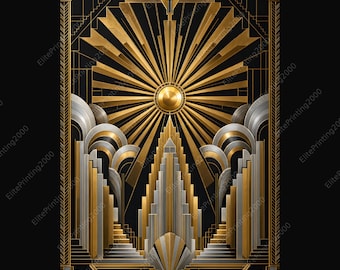Solar Empire Art Deco Print: Geometric Black Gold Silver (Multiple Sizes)