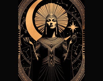 Zodiac Goddess Art Print, Crescent Moon, Gold Lines (A4-A0)