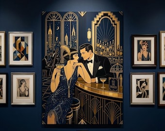 Jazz Age Speakeasy Print: Art Deco Glamour in Navy and Gold