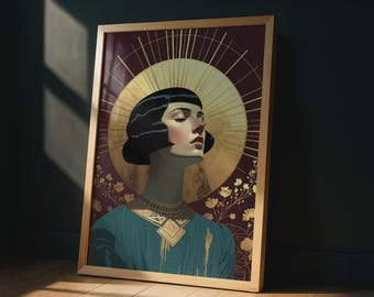 Art Deco Flapper Portrait Print, Golden Halo, Burgundy Gold Teal Wall Art Poster