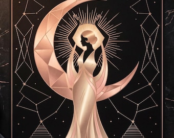 Moon Goddess Art Print, Rose Gold Crescent, Celestial (A4 to A0 Sizes)