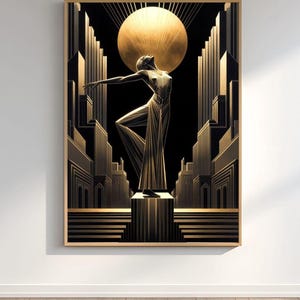 Art Deco illustration of a 1920s female figure in flowing dress reaching toward a large golden sun. Dramatic black background with towering geometric spires and metallic gold lines, evoking vintage celestial power and sophistication