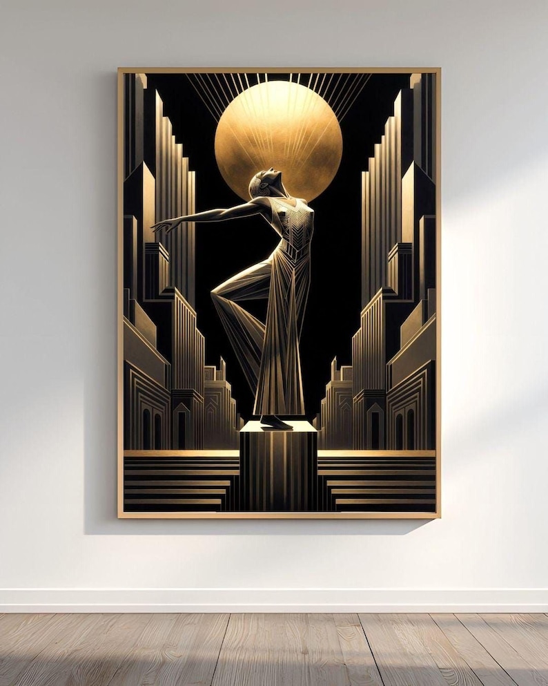 Art Deco illustration of a 1920s female figure in flowing dress reaching toward a large golden sun. Dramatic black background with towering geometric spires and metallic gold lines, evoking vintage celestial power and sophistication