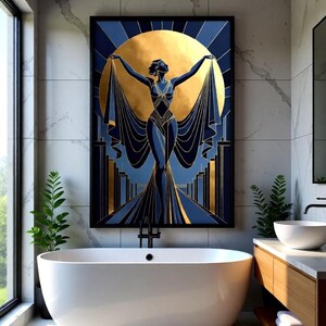 a modern bathroom with a large, colorful painting of a woman with outstretched arms as the focal point. The painting is displayed on the wall above a freestanding bathtub, which is positioned in front of a window. The bathroom also includes a sink and a mirror, creating a stylish and contemporary atmosphere.