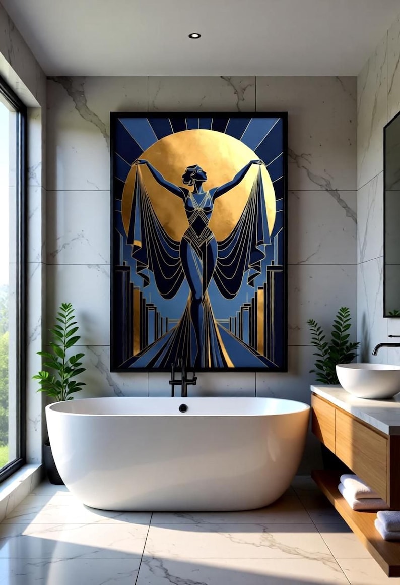 a modern bathroom with a large, colorful painting of a woman with outstretched arms as the focal point. The painting is displayed on the wall above a freestanding bathtub, which is positioned in front of a window. The bathroom also includes a sink and a mirror, creating a stylish and contemporary atmosphere.