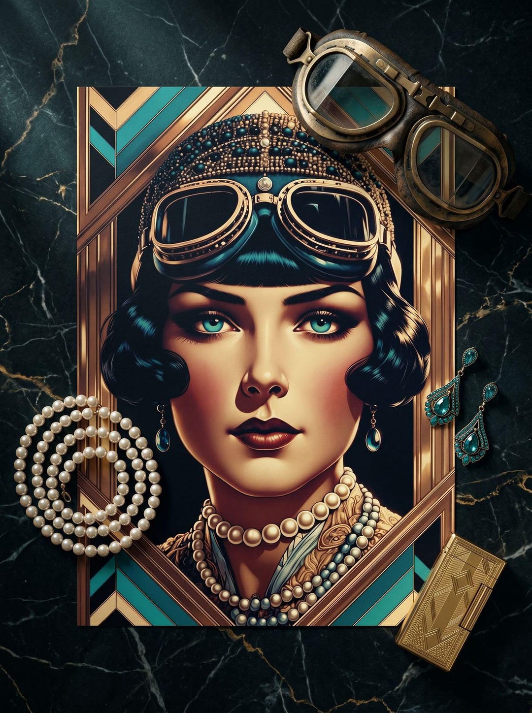 Art Deco Flapper Girl Print: 1920s Glamour in Gold & Teal - Etsy UK