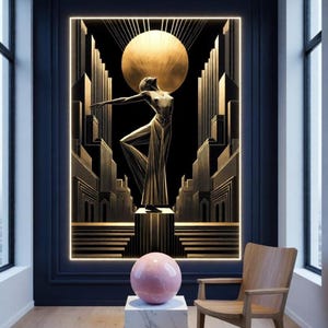 a large, ornate painting of a woman in a golden dress standing in front of a cityscape, with a pink sphere in the foreground. The painting is displayed on a wall, and a wooden chair is positioned in the foreground.
