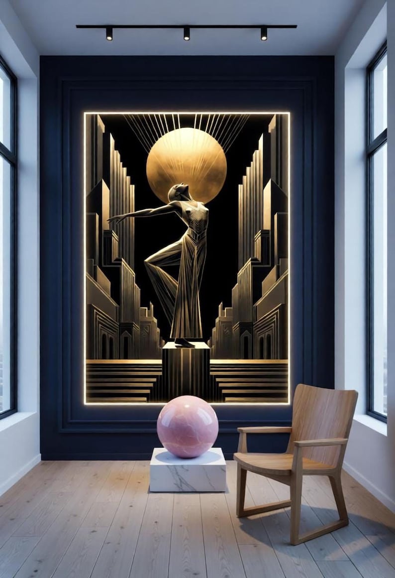 a large, ornate painting of a woman in a golden dress standing in front of a cityscape, with a pink sphere in the foreground. The painting is displayed on a wall, and a wooden chair is positioned in the foreground.