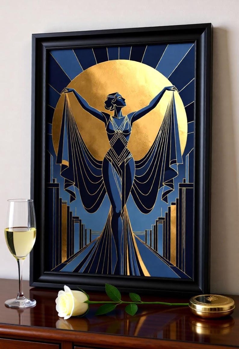 a framed artwork depicting a stylized female figure with outstretched arms, set against a backdrop of a large golden sun. The artwork is displayed on a wooden surface, with a glass of wine and a rose placed nearby.