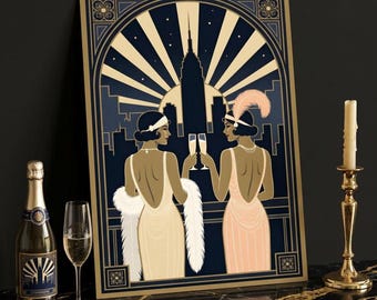 Flapper Twins Print - Roaring Twenties Navy Gold Wall Art