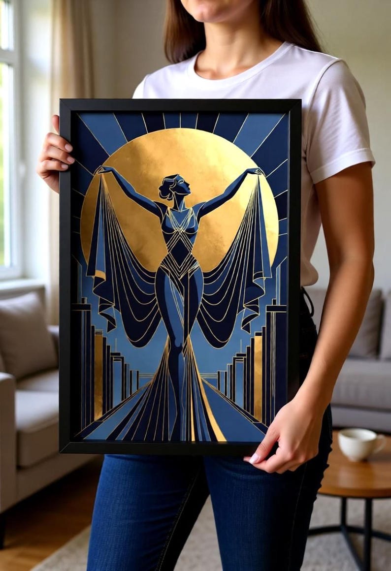 A woman is holding a framed artwork featuring an abstract design with a stylized female figure and a golden sun-like element.