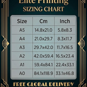 The image is a detailed chart that provides sizes and dimensions for various types of printing paper, including A5, A4, A3, A2, A1, and A0. The chart is presented in a clear and organized manner, with each size listed along with its corresponding dimensions. The chart also includes a note that the company offers free global delivery on all orders, indicating that customers can expect their orders to be shipped worldwide without incurring additional shipping costs.