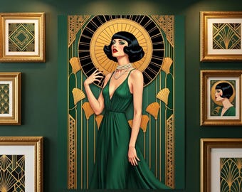 Green Geometric Flapper Print - Vintage 1920s Wall Art