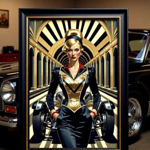 Art Deco Flapper Print - Vintage Car Gold and Black Design