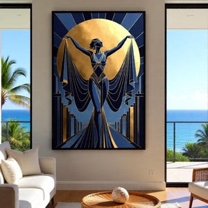 a large, colorful painting of a woman with her arms raised, set against a backdrop of a golden sun and palm trees. The painting is displayed on the wall of a modern living room, which includes a white sofa, a wicker coffee table, and a large window offering a view of the ocean.