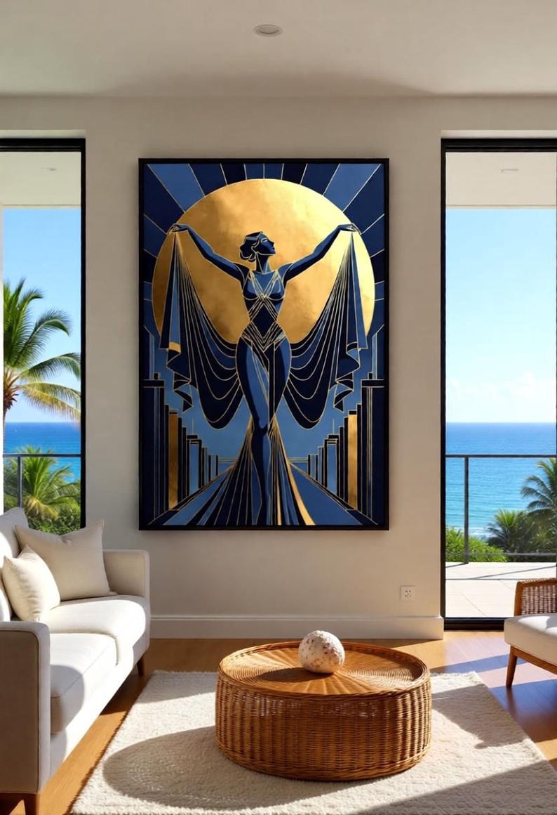 a large, colorful painting of a woman with her arms raised, set against a backdrop of a golden sun and palm trees. The painting is displayed on the wall of a modern living room, which includes a white sofa, a wicker coffee table, and a large window offering a view of the ocean.
