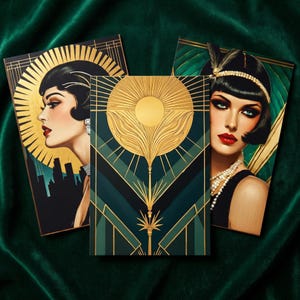 Art Deco Flapper Print Set - Golden Halo Teal Fan Emerald Dress