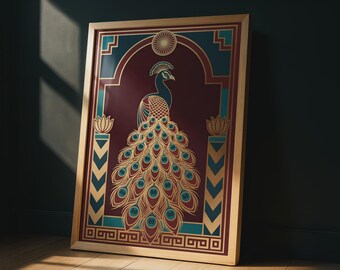 Art Deco Peacock Print, Geometric Burgundy Gold Teal, 1920s Bird Wall Art Poster