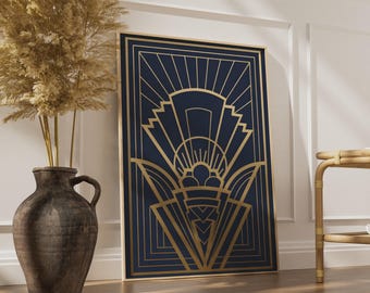 Art Deco Fan Sunburst Poster, Navy Gold Geometric Print, 1920s Abstract Wall Art