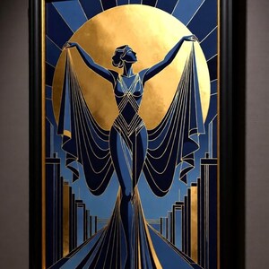 The image is a framed artwork depicting a stylized female figure with outstretched arms, standing in front of a large golden sun.