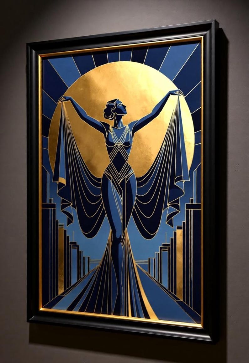 The image is a framed artwork depicting a stylized female figure with outstretched arms, standing in front of a large golden sun.