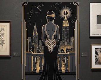 Manhattan Goddess Print: 1920s Art Deco Cityscape (Black & Gold)
