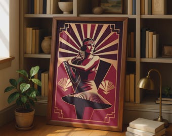 Art Deco Tennis Flapper Poster, Crimson Rose Gold 1920s Sports Wall Art Print