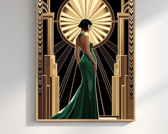 Emerald Flapper Print - Gold Art Deco Evening Glamour