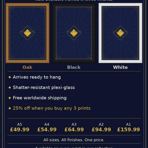 The image is an advertisement for a print service that offers three different frame options for customers to choose from. The text provides information about the available options, including the frame sizes and prices.