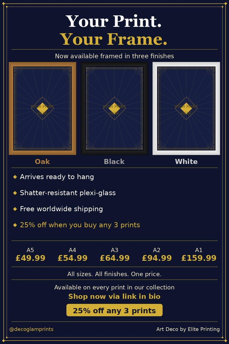 The image is an advertisement for a print service that offers three different frame options for customers to choose from. The text provides information about the available options, including the frame sizes and prices.