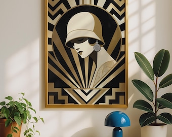 Flapper Cloche Hat Art Deco Poster, 1920s Glamour Wall Art, Black Gold Print