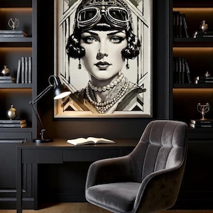 Poster Art Deco Flapper: Occhiali da aviatore, cascata di perle