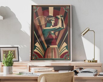 Art Deco Tennis Player Print, 1920s Flapper Woman Poster, Crimson Emerald Gold
