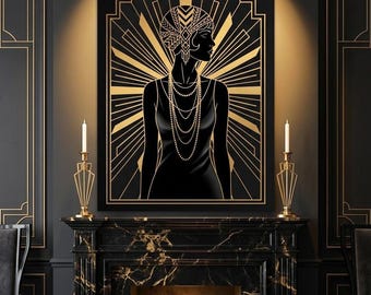 Art Deco Flapper Print, Gold Sunburst, Black Background (Multiple Sizes)