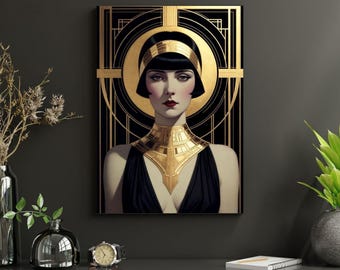 1920s Flapper Portrait Print: Gold & Black Art Deco Glamour