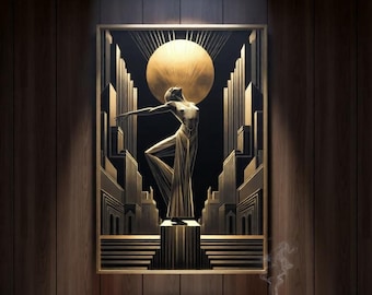 Art Deco Wall Art Print, 1920s Celestial Goddess, Golden Goddess Poster, Vintage Glamour Décor