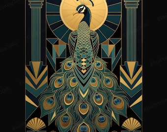 Art Deco Peacock Print Teal Gold Black (Multiple Sizes)