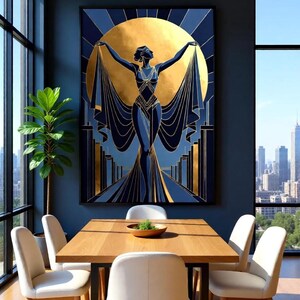 a modern dining room with a large, colorful painting of a woman with outstretched arms as the focal point. The painting is displayed on the wall above a wooden dining table surrounded by white chairs. The room has large windows that provide a view of the city skyline, creating a striking contrast between the indoor and outdoor spaces.