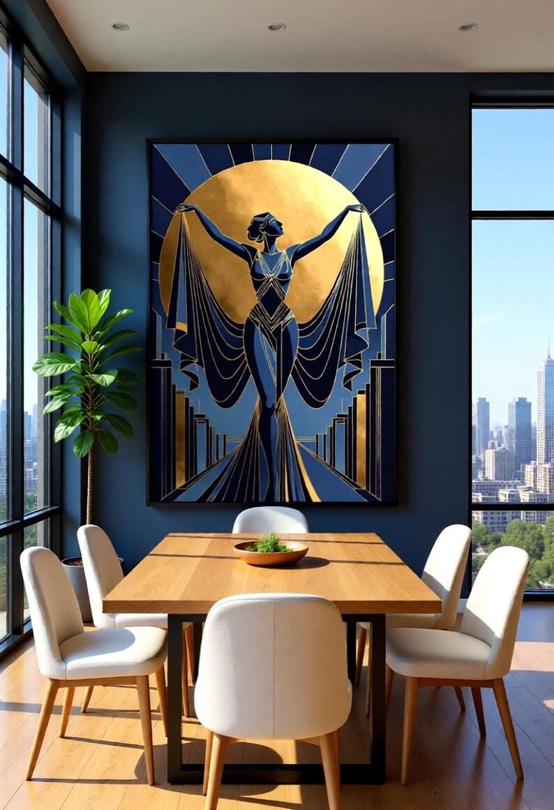 a modern dining room with a large, colorful painting of a woman with outstretched arms as the focal point. The painting is displayed on the wall above a wooden dining table surrounded by white chairs. The room has large windows that provide a view of the city skyline, creating a striking contrast between the indoor and outdoor spaces.