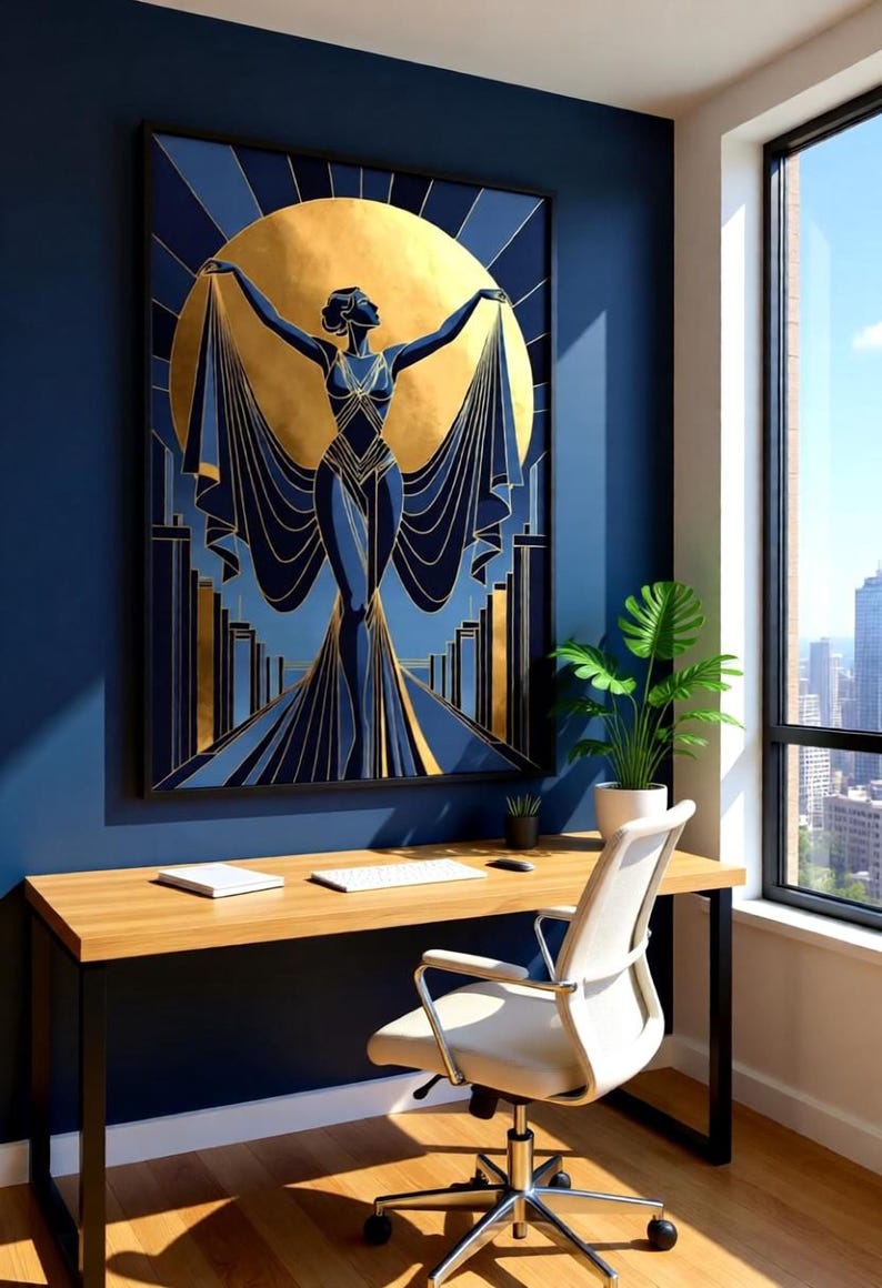 a modern workspace with a large blue and gold artwork of a woman with outstretched arms as the focal point. The workspace includes a wooden desk with a white chair, a computer monitor, and a potted plant. The room has a large window that provides a view of a city skyline.