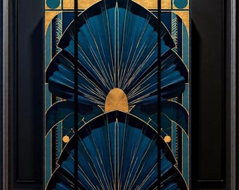 Art Deco Fan Print: Teal and Gold Symmetrical Design (Ready to Frame)