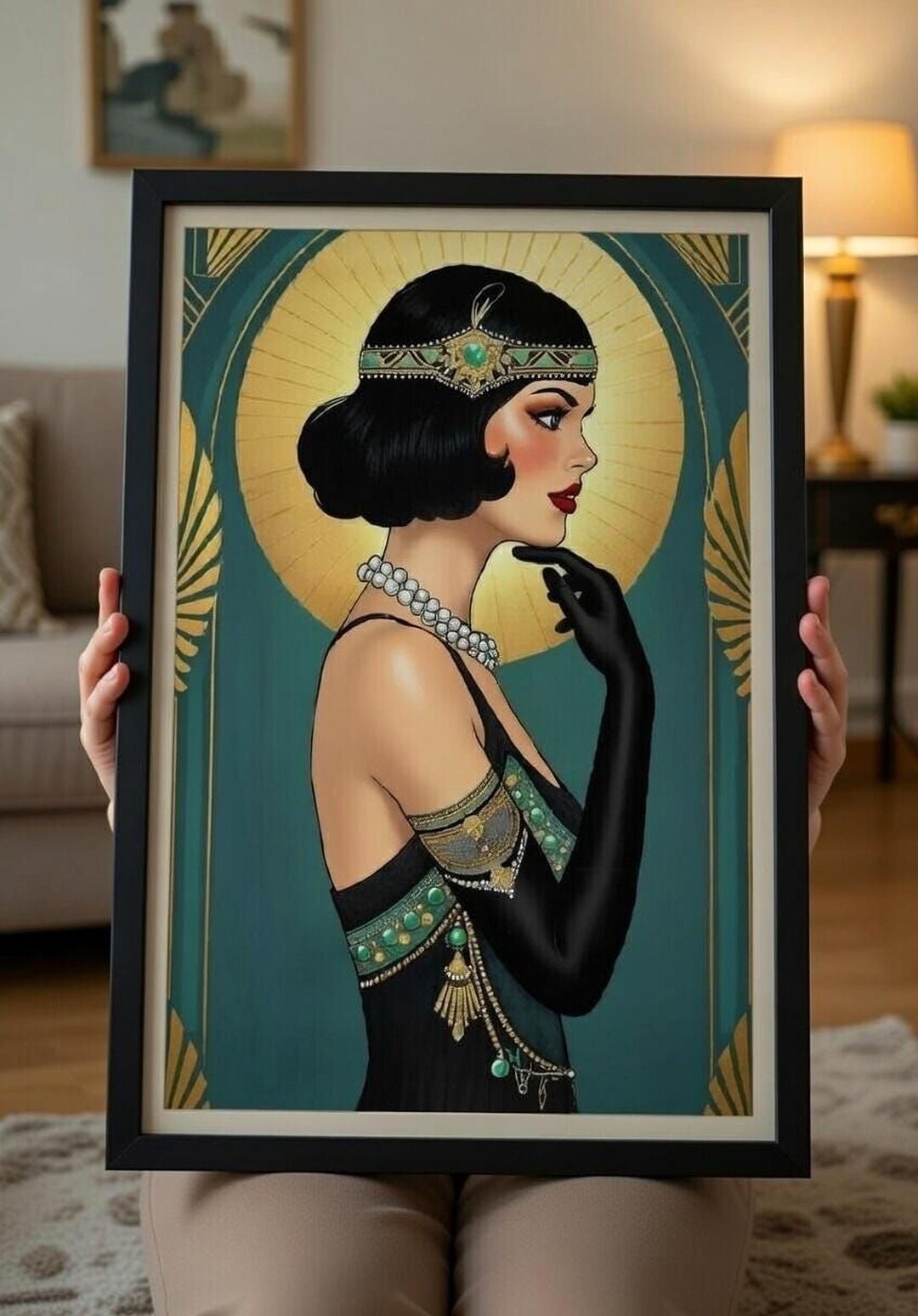Art Deco Flapper Print: Vintage Glamour - Emerald Green, Gold Halo ...