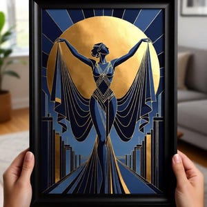 Art Deco illustration of a 1920s female dancer in flowing dress reaching toward a large golden sun. Dramatic black background with towering geometric spires and metallic gold lines, evoking vintage celestial power and sophistication