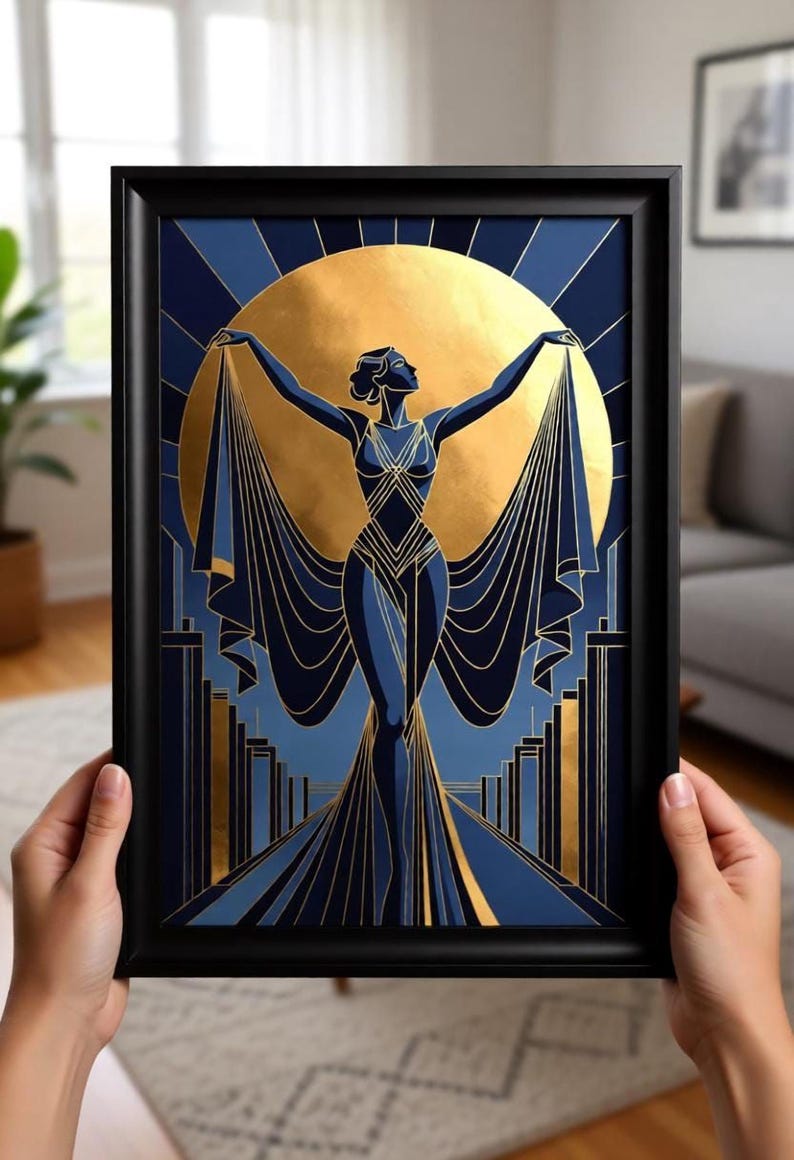 Art Deco illustration of a 1920s female dancer in flowing dress reaching toward a large golden sun. Dramatic black background with towering geometric spires and metallic gold lines, evoking vintage celestial power and sophistication