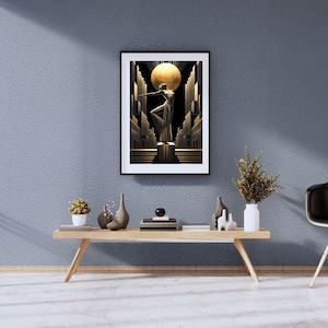 a modern art piece hanging on a blue wall above a wooden coffee table with various decorative items on it.