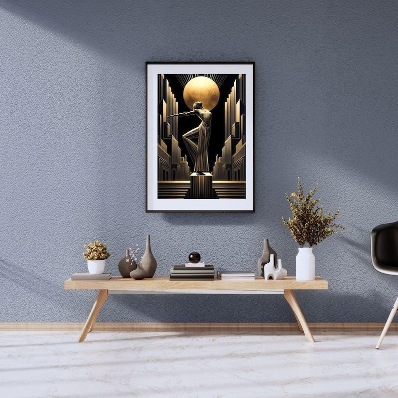 a modern art piece hanging on a blue wall above a wooden coffee table with various decorative items on it.
